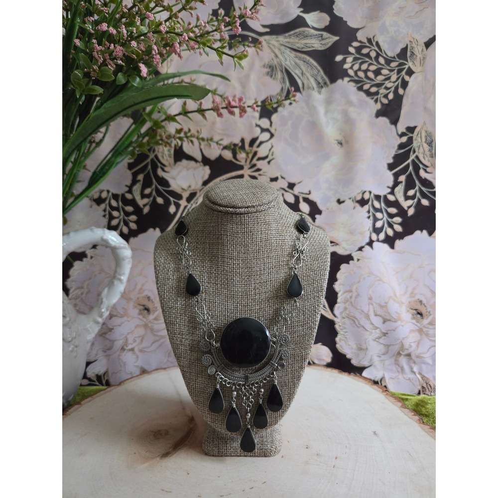 Vintage Black Stone Silver Tone Filigree Statement Necklace Boho Tribal Gothic